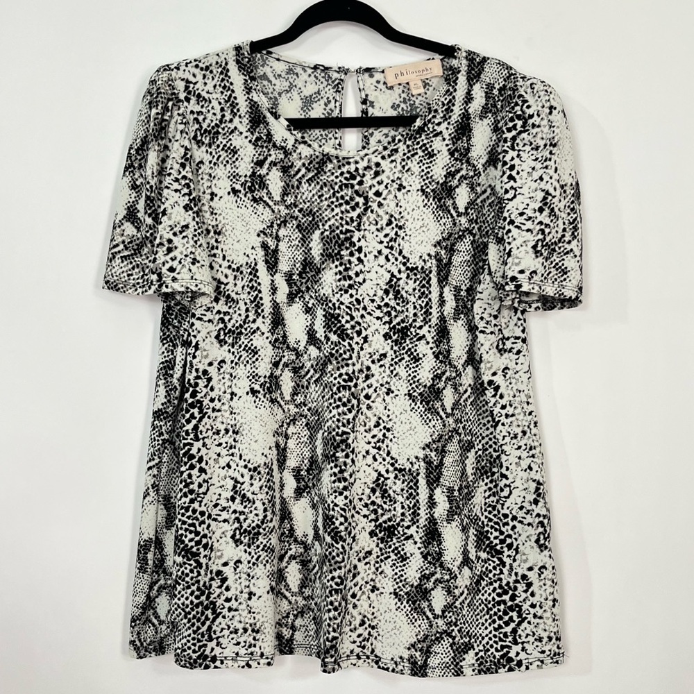 Philosophy White Black Snake Print Animal Print Short Sleeve Top Sz XL